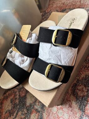 Spenco Vista NIB Women’s 7.5D Black Double-Buckle Slide Comfort Support Sandals